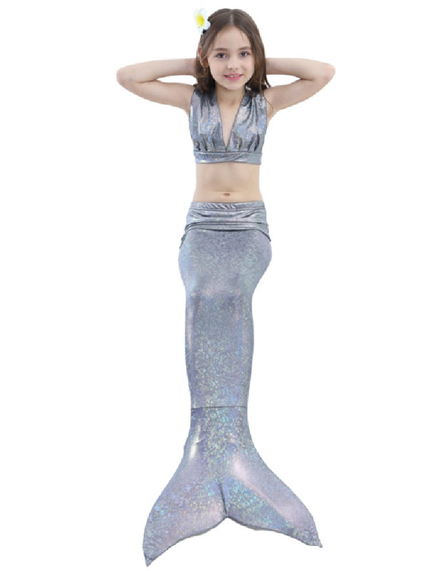 Girls Silver Shinny Mermaid Tail 3 Pieces Swimsuit Set 2-9 - SophiasStyle.com